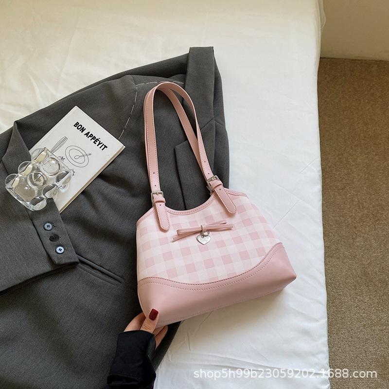 Summer Checkerboard Underarm Bag New with Pendants Korean Version Contrasting Color Women's Commuter Shoulder Bag Tide