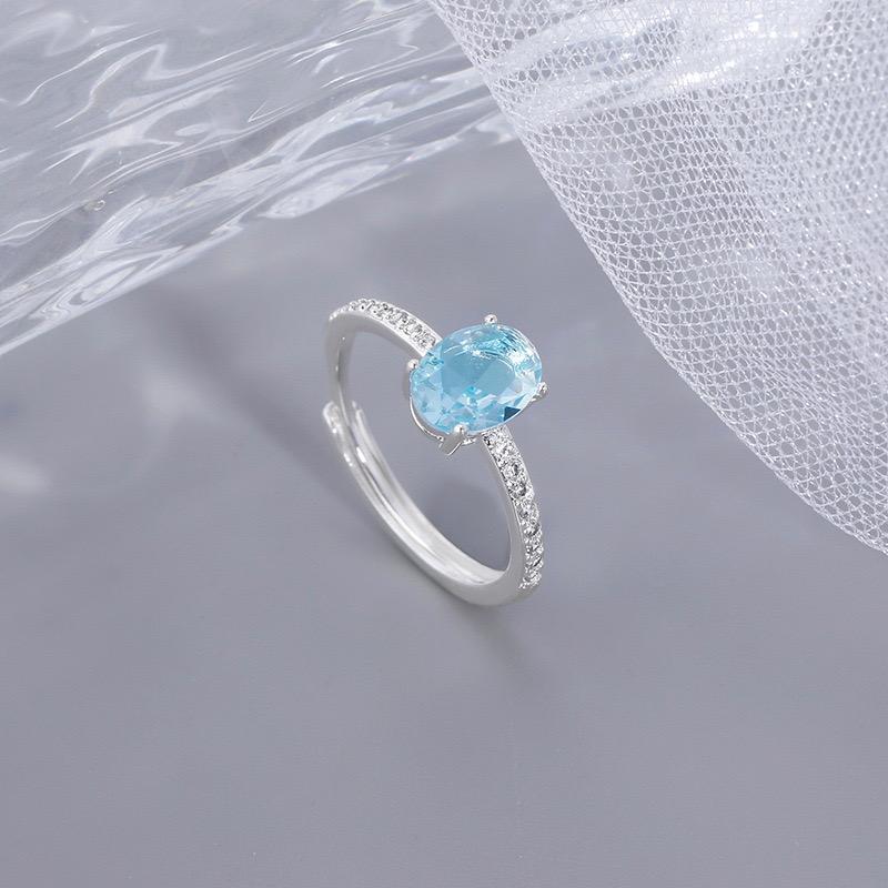 925 Sterling Silver Rings For Women Geometric Fine Jewelry Finger Adjustable Simple Blue Stone Leaf Ring For Party Birthday Gift