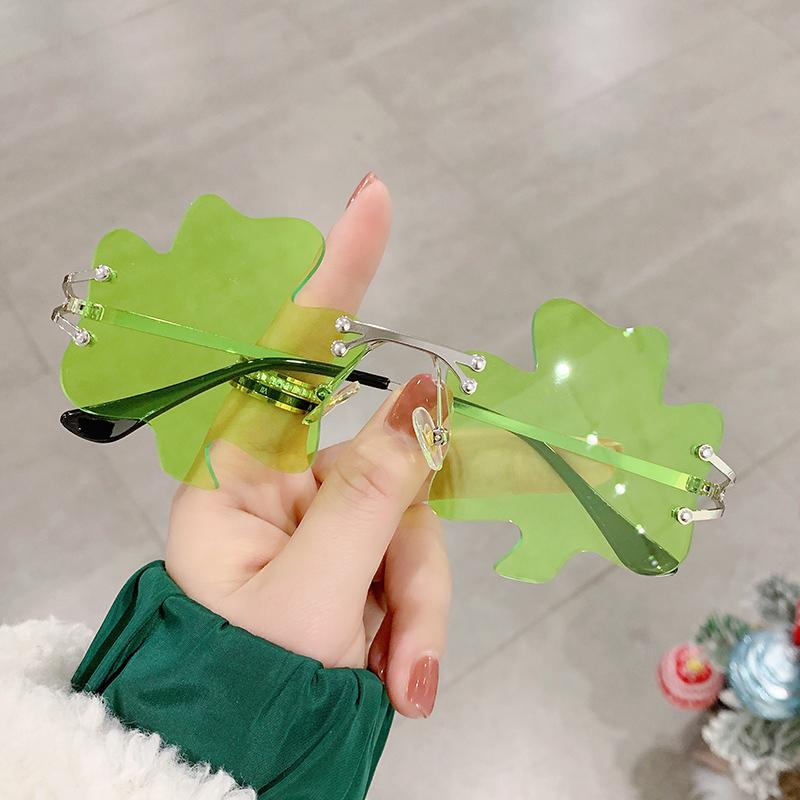 St.Patrick's Day Irish Clover Glasses Green Lens Sunglasses Four-leaf Clover Glasses Party Rimless Sunglasses