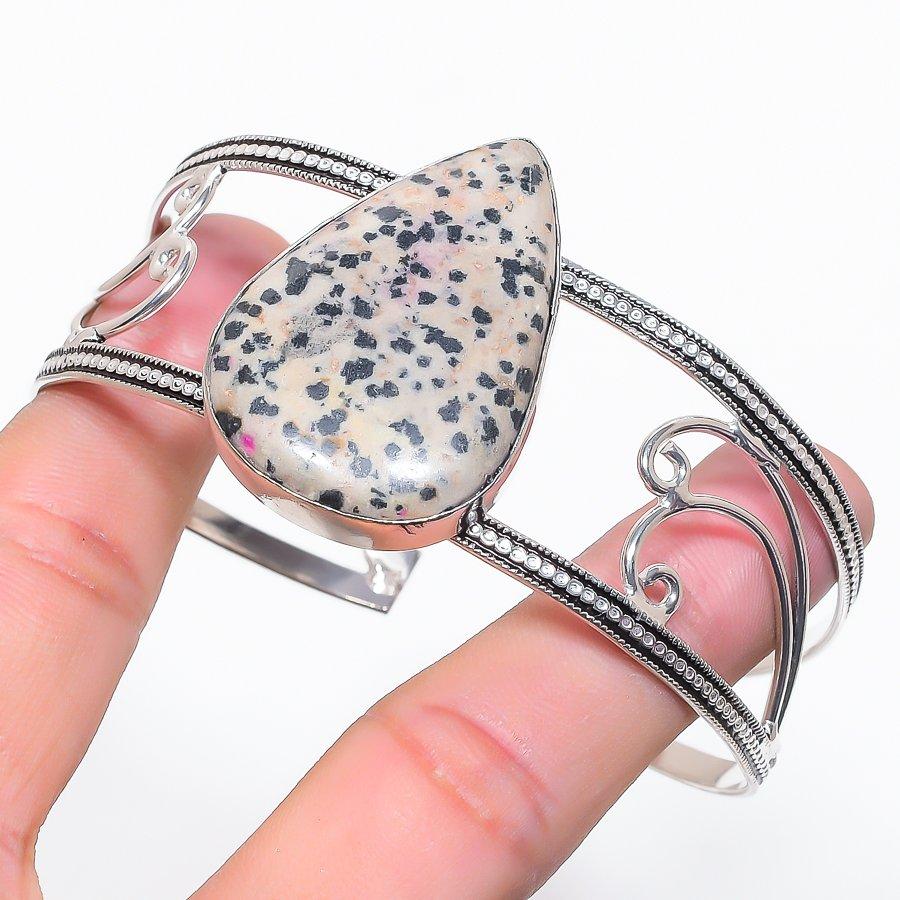 Natural Dalmation Jasper Gemstone 925 Sterling Silver Cuff Bangle Adj G3H40