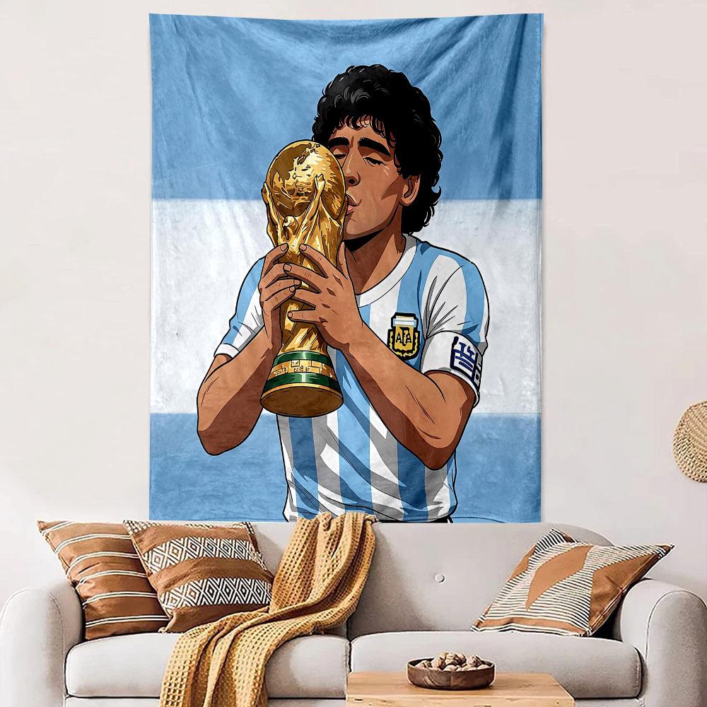 Diego Maradona Argentina Football Legend Wall Tapestry Kissing World Cup Trophy Albiceleste Decor for Fan Man Cave Gift