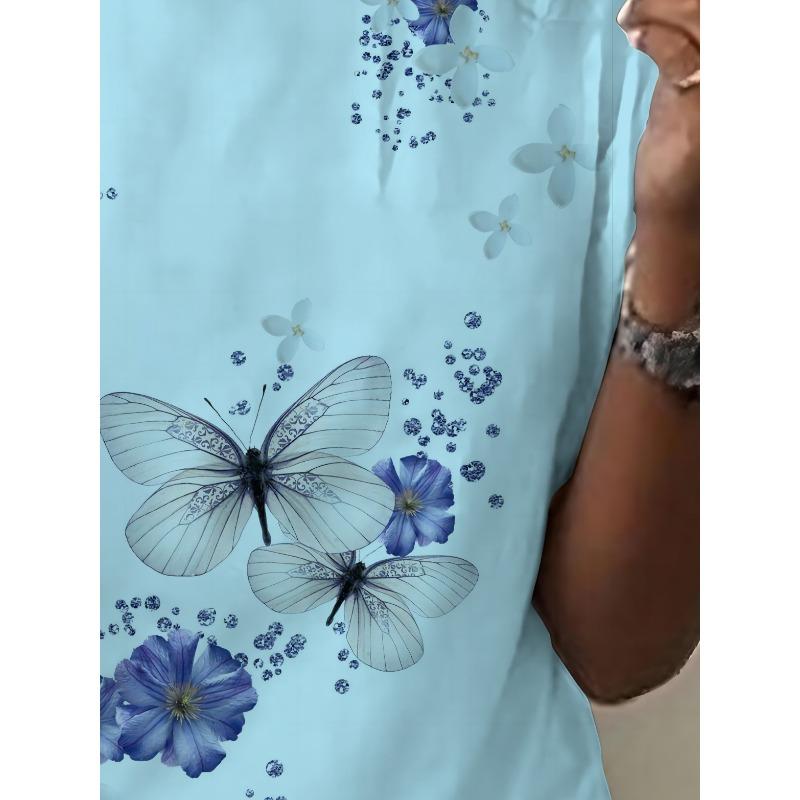 Ladies' 3D Printed Butterfly Floral Casual T-shirt Short Sleeved Round Neck Shirt