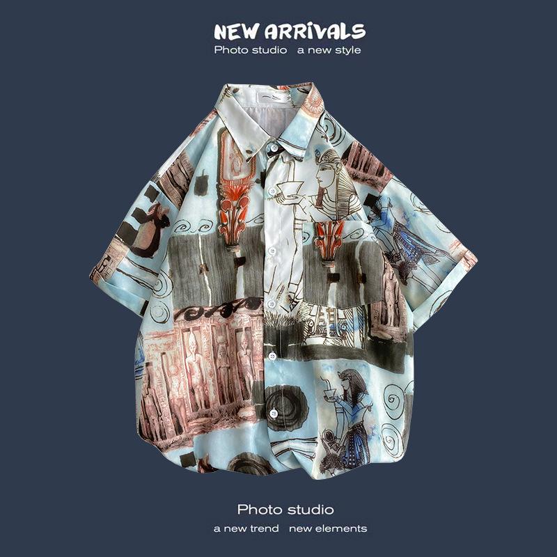 Letnia Koreańska Retro Kwiatowa Para Luźna Koszula z Krótkim Rękawem - Męski Modny Styl