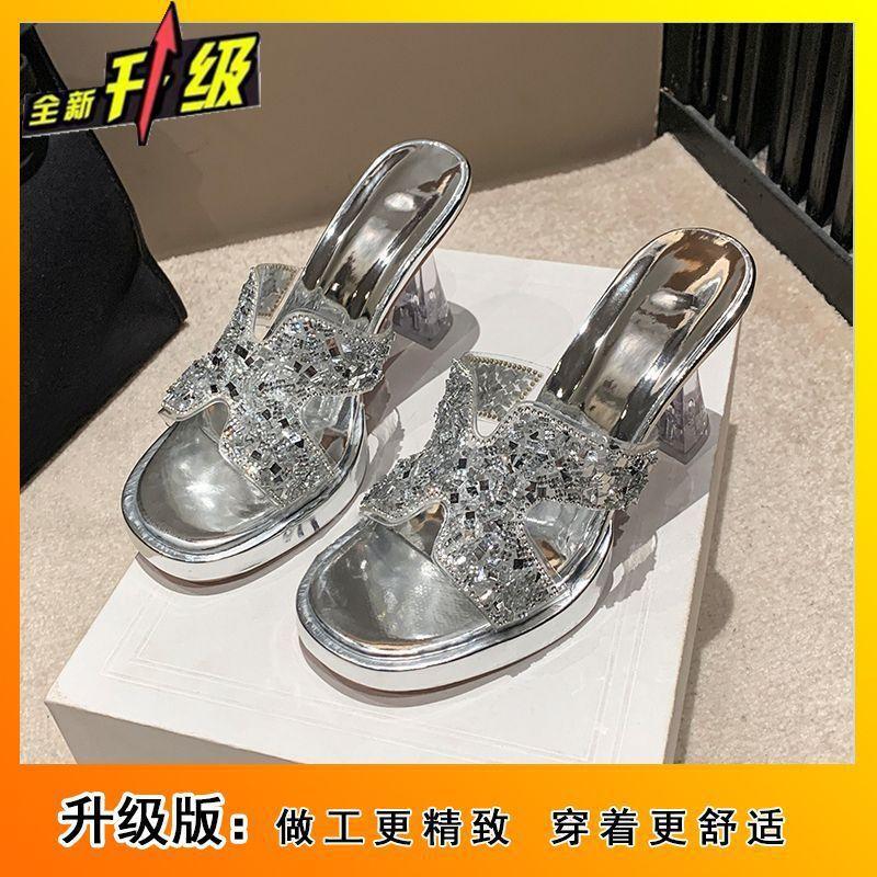 Niche crystal thick heel high heel one-word women 2025 summer new fashion versatile comfortable open-toed cool slippers women