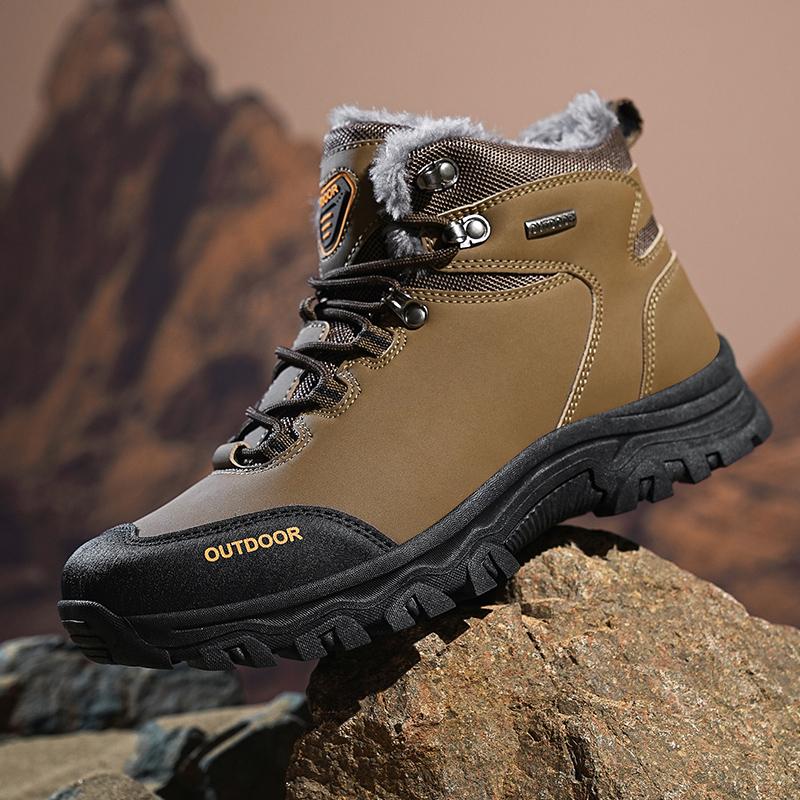 TUINANLE Fashion Winter Warm Plush Fur Snow Boots Lace Up Leather Men Boots Outdoor Cotton Shoes Walking Hiking