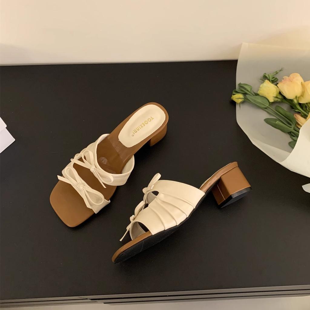 Bow French Slippers Women's 2025 New Summer Korean Version Square Head Versatile Thick Heel Outer Wear Cool Slippers