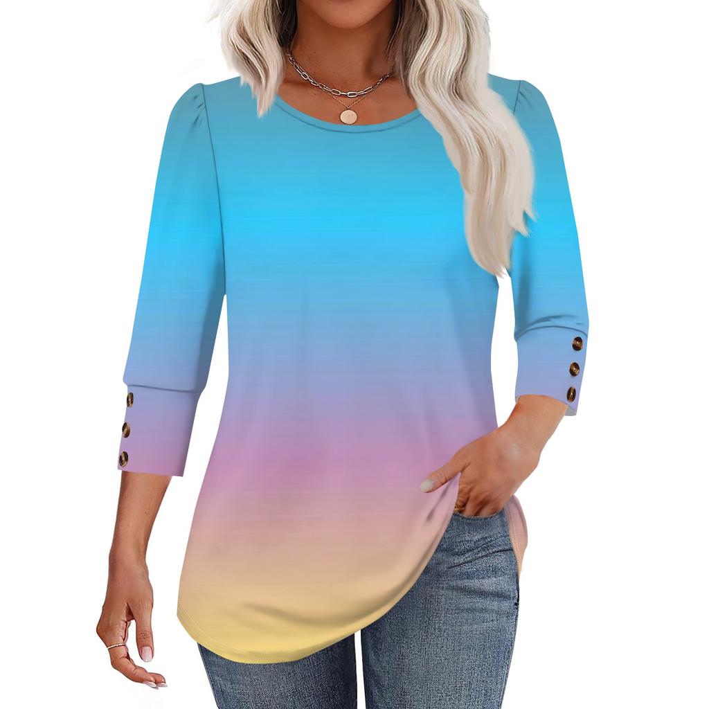 Damenmode Lässig Farbverlauf, Krawatten-Print Rundhals Kurzarm T-Shirt Top