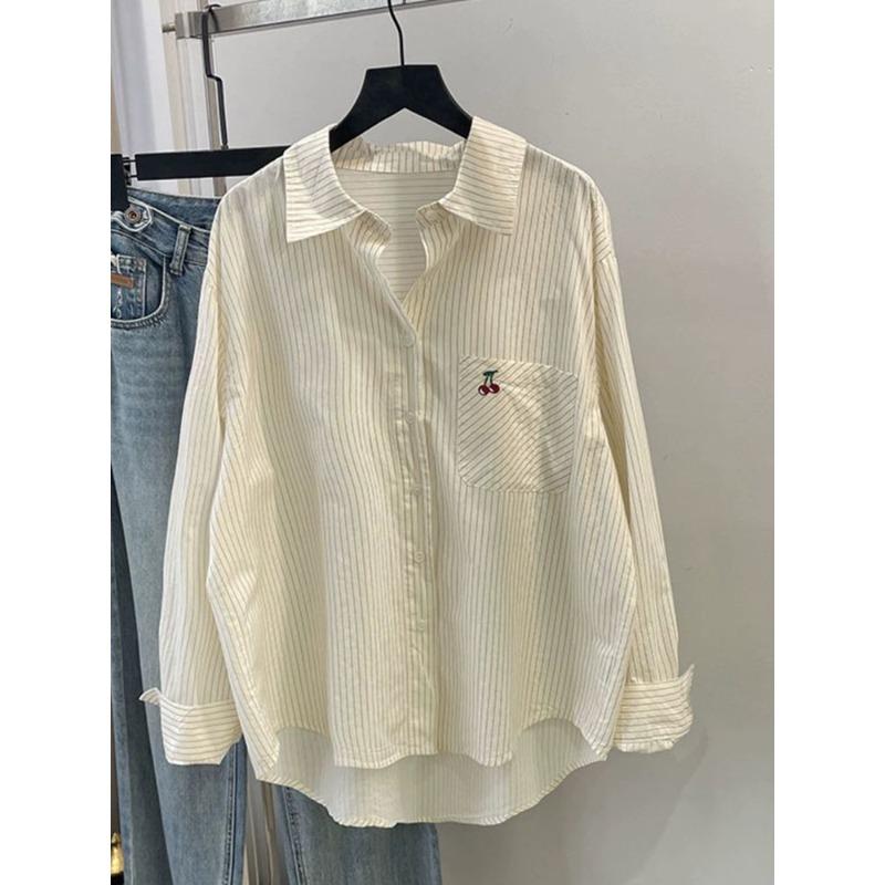 

Autumn Style Short Front and Long Back Striped Shirt for Women Loose Design Niche Korean Style Casual Pure Cotton 2XL білий