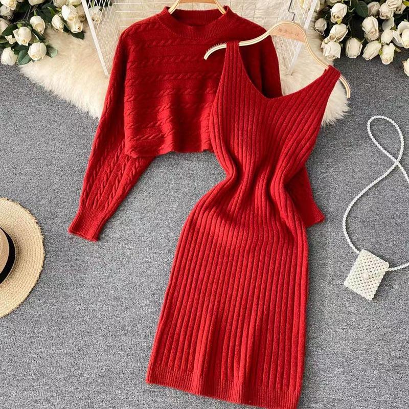 Autumn and winter lazy wind sweater women's loose blouse top two-piece set knitted suspender vest dress
