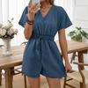 Women's V Neck Short Sleeve Faux Denim Romper Cinched Waist Jumpsuits Casual One Piece Outfits