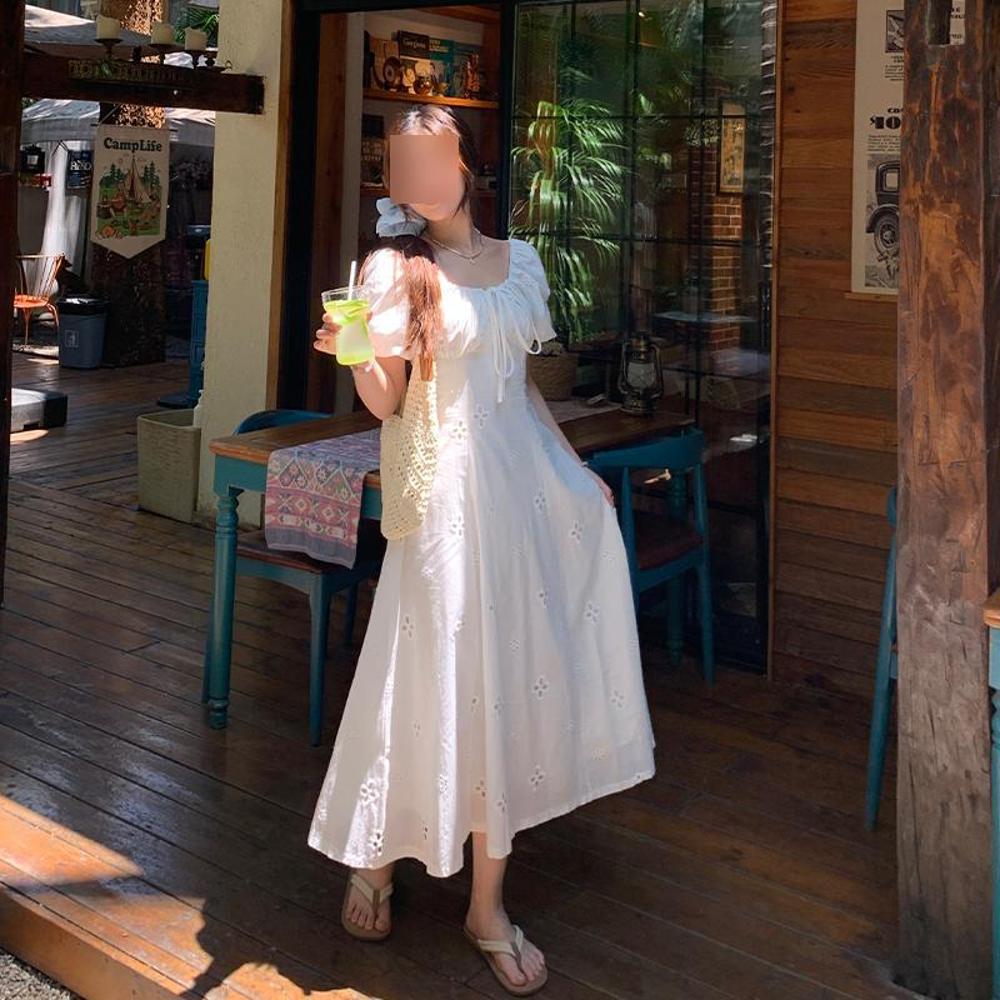 Gentle wind bubble sleeve strap square neck dress children embroidered hollow temperament long dress summer