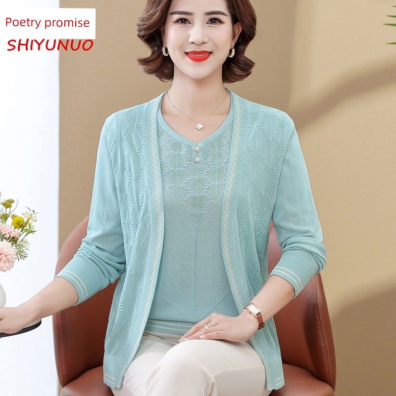 

Autumn Clothing Knitting Cardigan Outwear Mom Summer Clothes Short-Sleeved Middle-Aged Women s Spring Clothes Western Style Real Two-Piece Suit Bean Green XL (57.50 kg-65.00 kg recommended