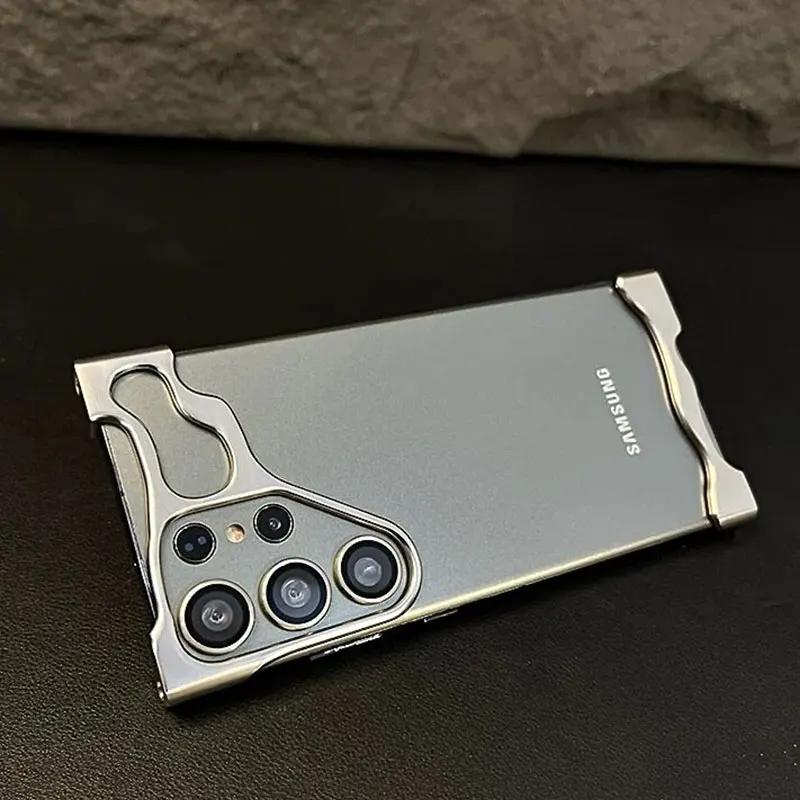 Irregular Metal Case with Lens Film Protection for Samsung S23 S24 Ultra Plus/iphone 15 14 13 12 Pro Max/Xiaomi 14 Pro Bare Aluminum Shockproof Bumper