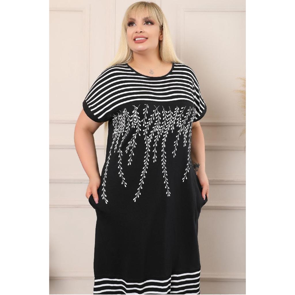 Olive Branched Striped Round Collar Block Short Sleeve Comfortable Dress