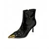 2025 new short boots patent leather metal pointed black thin boots women's autumn and winter new high-heeled temperament short boots women
