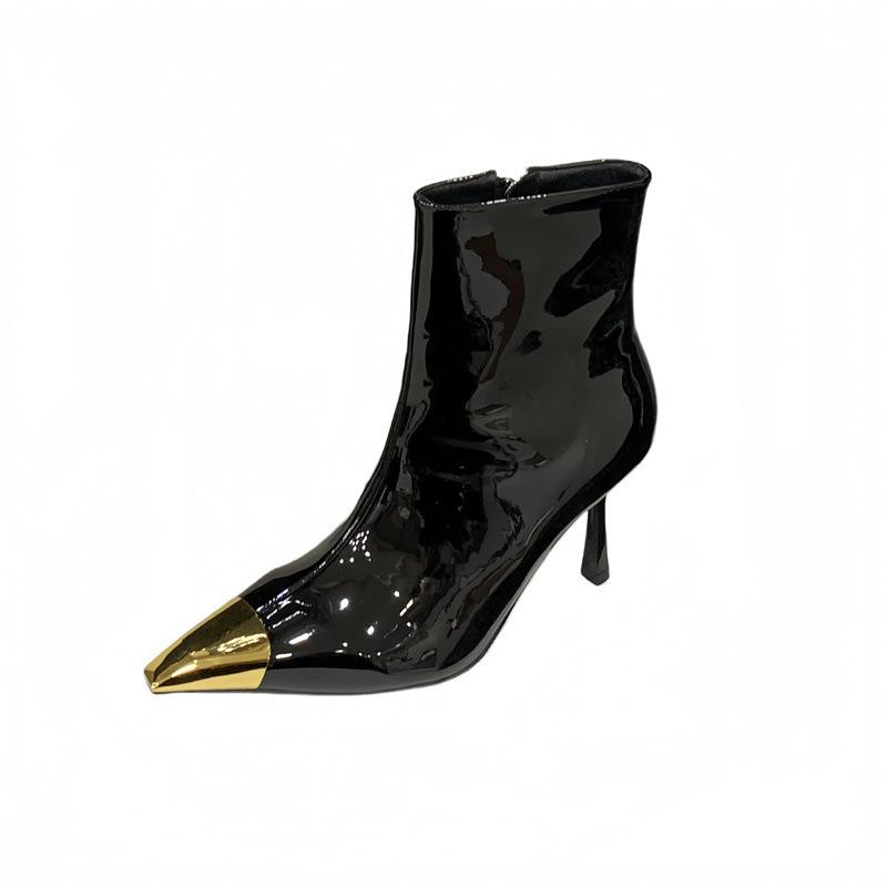 2025 new short boots patent leather metal pointed black thin boots women's autumn and winter new high-heeled temperament short boots women