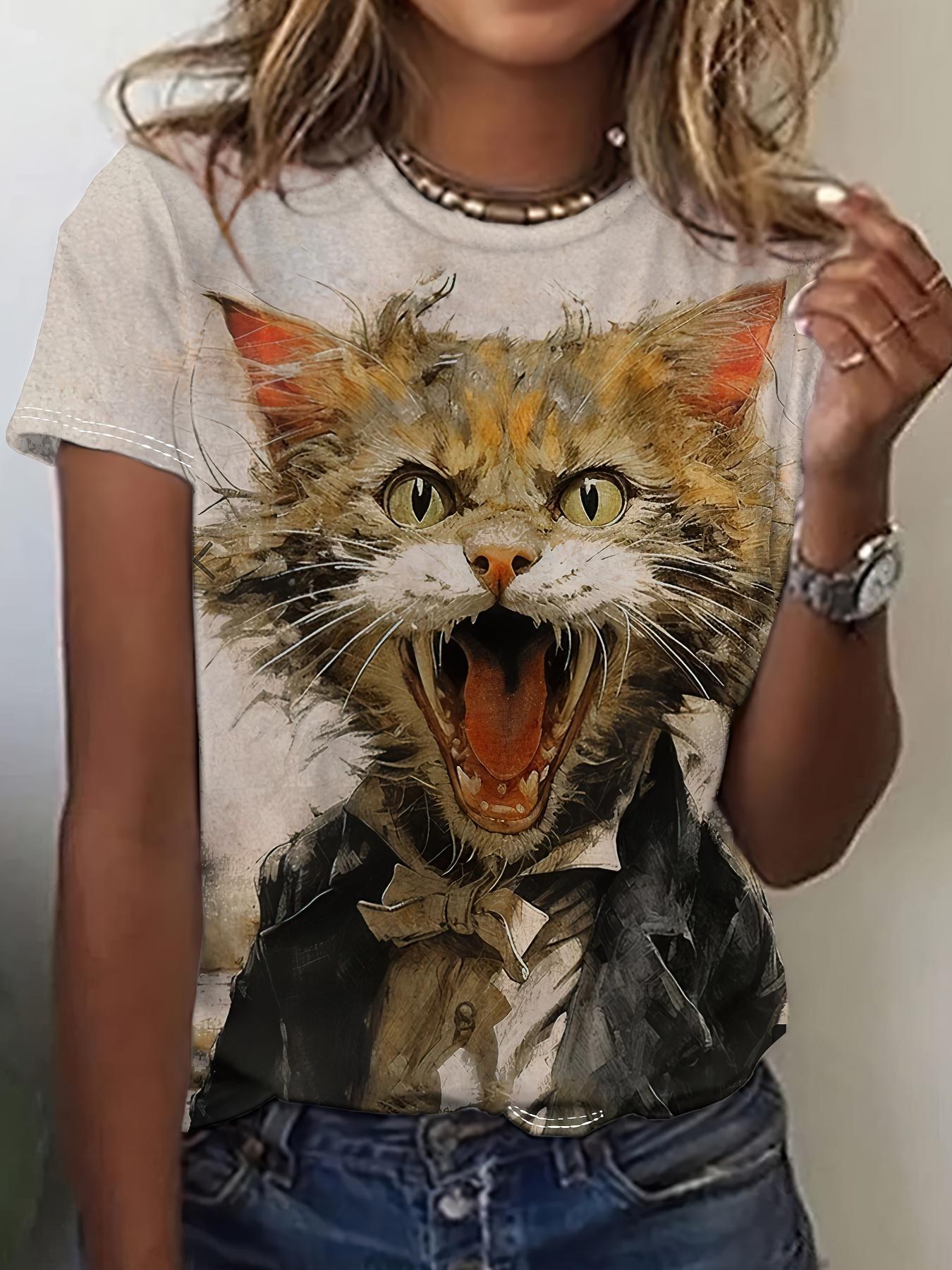 

Женская футболка больших размеров, футболки с круглым воротом и забавным принтом кота, топы с коротким рукавом, легкая дышащая летняя женская футболка S