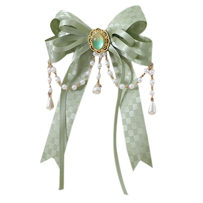Girls Ruffles Lace Necklace with Pearl Chain Pendant Ribbon Bows Earrings Hair Clips Handmade Lolita Hair Ornaments