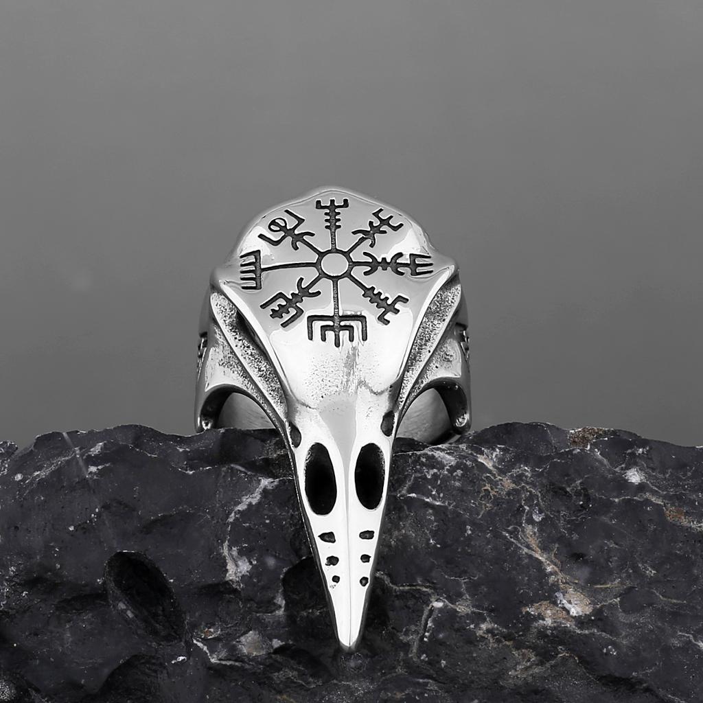 Retro Nordische Mythologie Odin Rabe Edelstahl Großer Ring für Männer Punk Gothic Edgy Zirkon Biker Accessoires Cosply Cooles Geschenk
