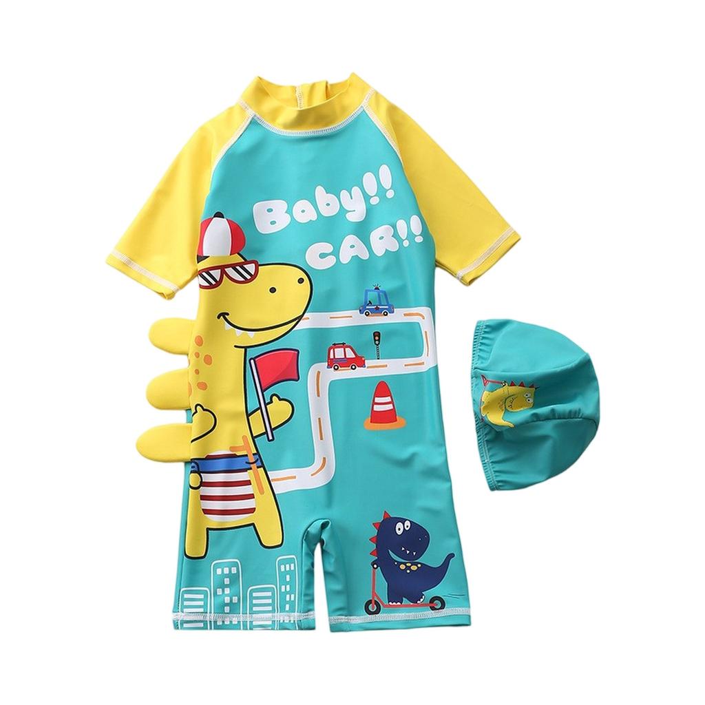 Boys Short Sleeve Hooded One-Piece Swimsuit Cartoon Dinosaur Print Beach Swimwear Summer Kids Swim Shirt with Matching Swim Cap