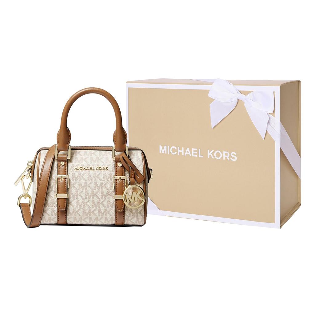 Michael Kors Bedford Logo Print Leather Boston Bag Women Bags Vanilla-White Acorn-Brown 32F9G06C0B-149