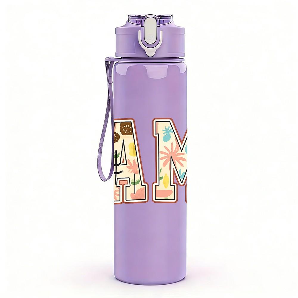 1PC MAMA Floral Letter Art 750ml Color Plastic Sports Water Bottle Leakproof Flip Straw Lid Suitable for Sports Office Home Use