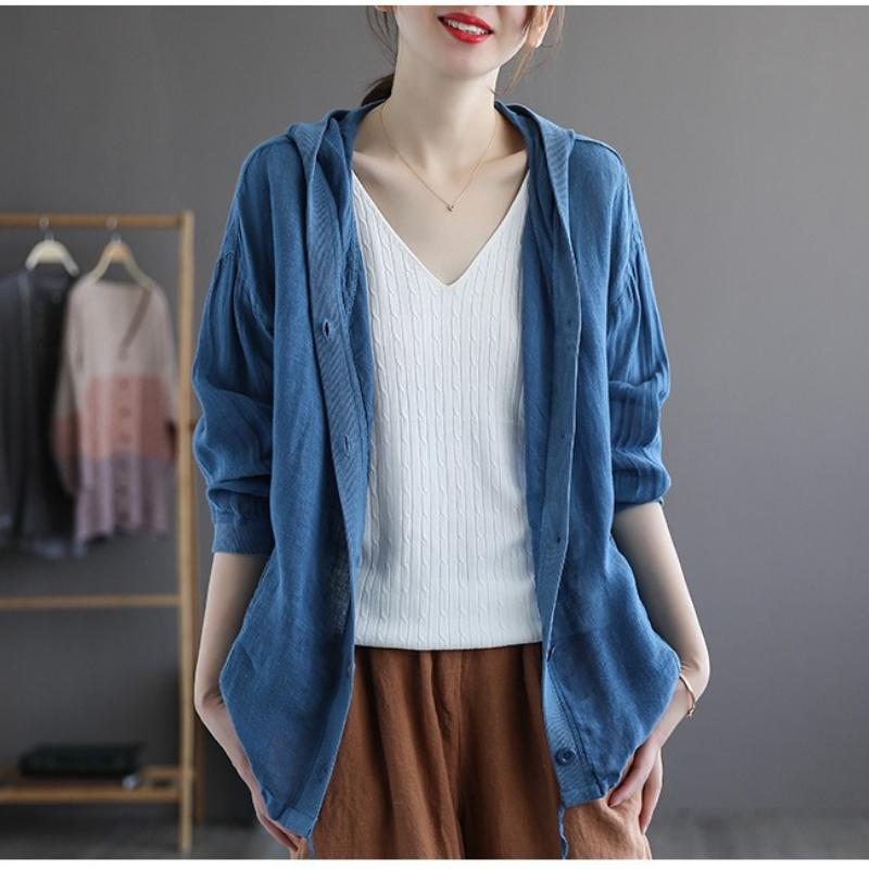 Cotton and Linen Cardigan Women's Summer Loose Hooded Long-sleeved Top Thin Short Jacket