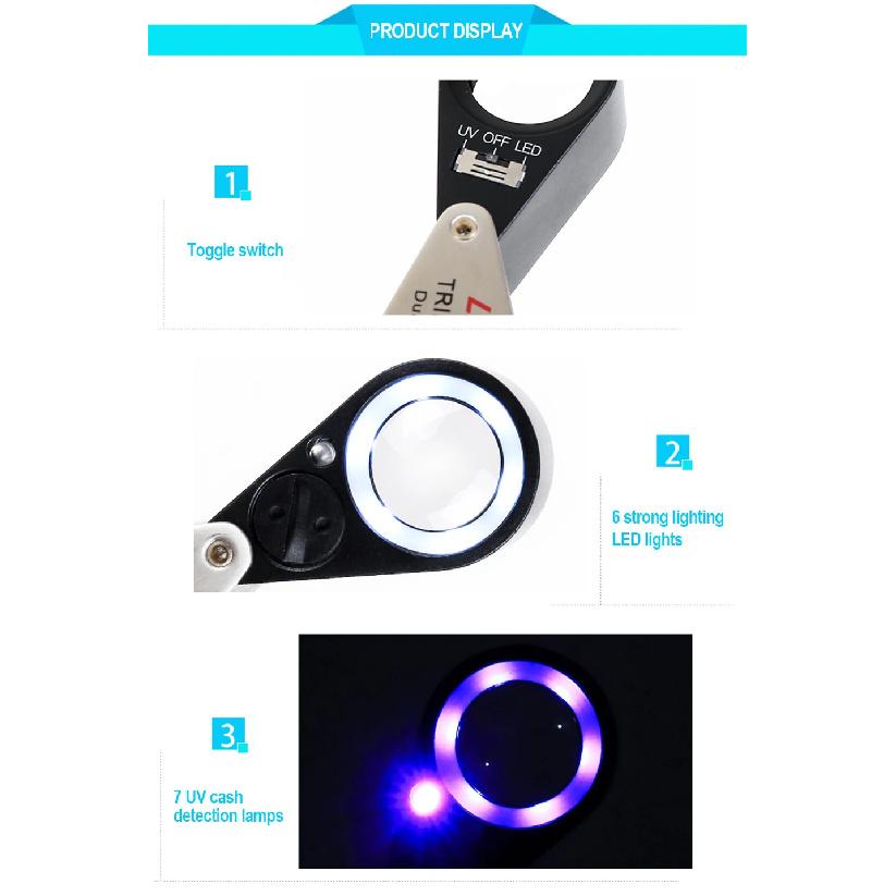 Lupa Plegable 10X-40X Lupa para Joyería Lente Triplete Vidrio Óptico Lupa Iluminada con 6 LED 7 Luces UV