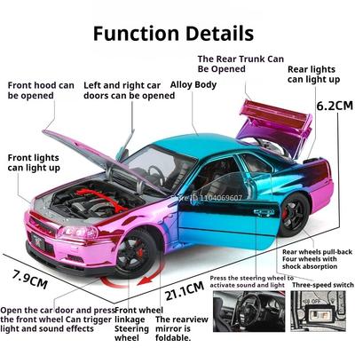 1:24 Alloy GTR SKYLINE GTR-R34 Toys Cars Models Doors Opened Miniature Vehicles Wheel Pull Back Supercars Children's Day Gifts