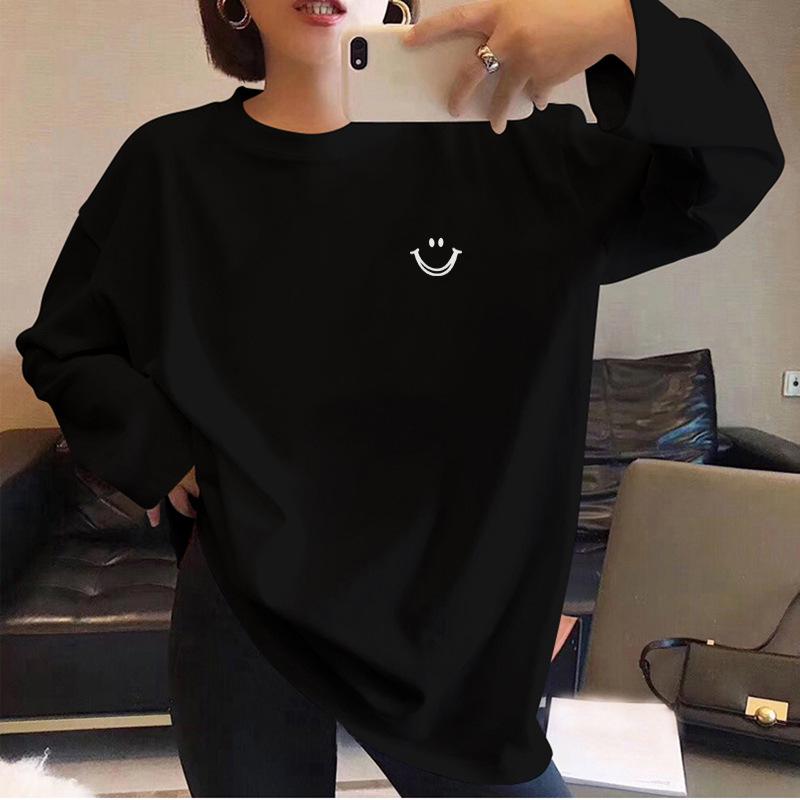 Tricou de bumbac cu mâneci lungi larg pentru fete - Negru, Top la modă de primăvară/toamnă, Stil studențesc universal.