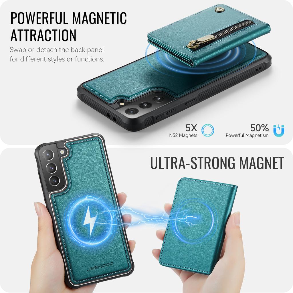 For Samsung Galaxy S21 5G Case JEEHOOD J12 Magnetic Detachable Zipper Wallet Kickstand Leather Back Cover Magnetic Case