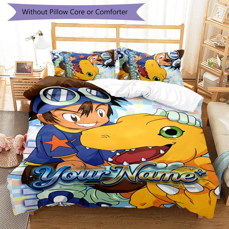 3pcs Digimon Cover Set - Personalized Name, HD Printed Bedding with 1 Cover and 2 Pillowcases - Perfect for Home Decor, Easy Care