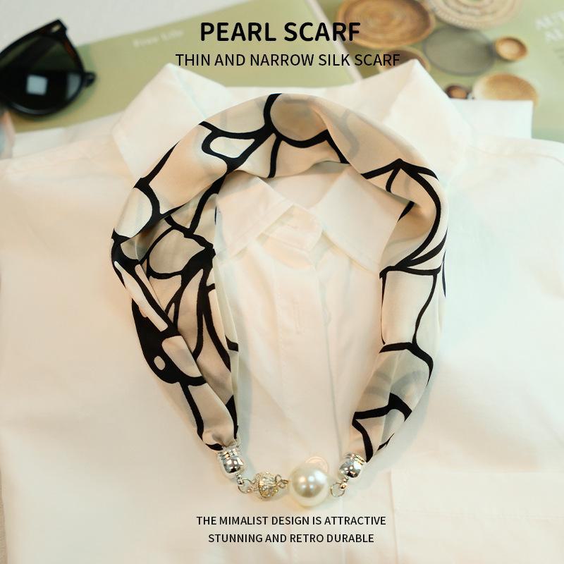 Elegant Silk Scarf with Magnetic Buckle and Pearl Necklace - Stylish Clavicle Chain for Women
