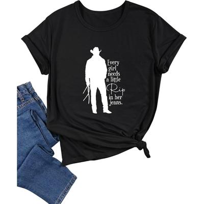 OUNAR Every Girl Needs A Little Rip In Her Jeans T-Shirt Womens Fun Letter Print Shirt Short Sleeve Casual Cowgirl Tees, A3-black, X-Large