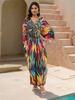 Summer Vintage Boho Women Plus Size Kaftan Sexy Beach Coverups Colorful Printed V Neck Batwing Sleeve