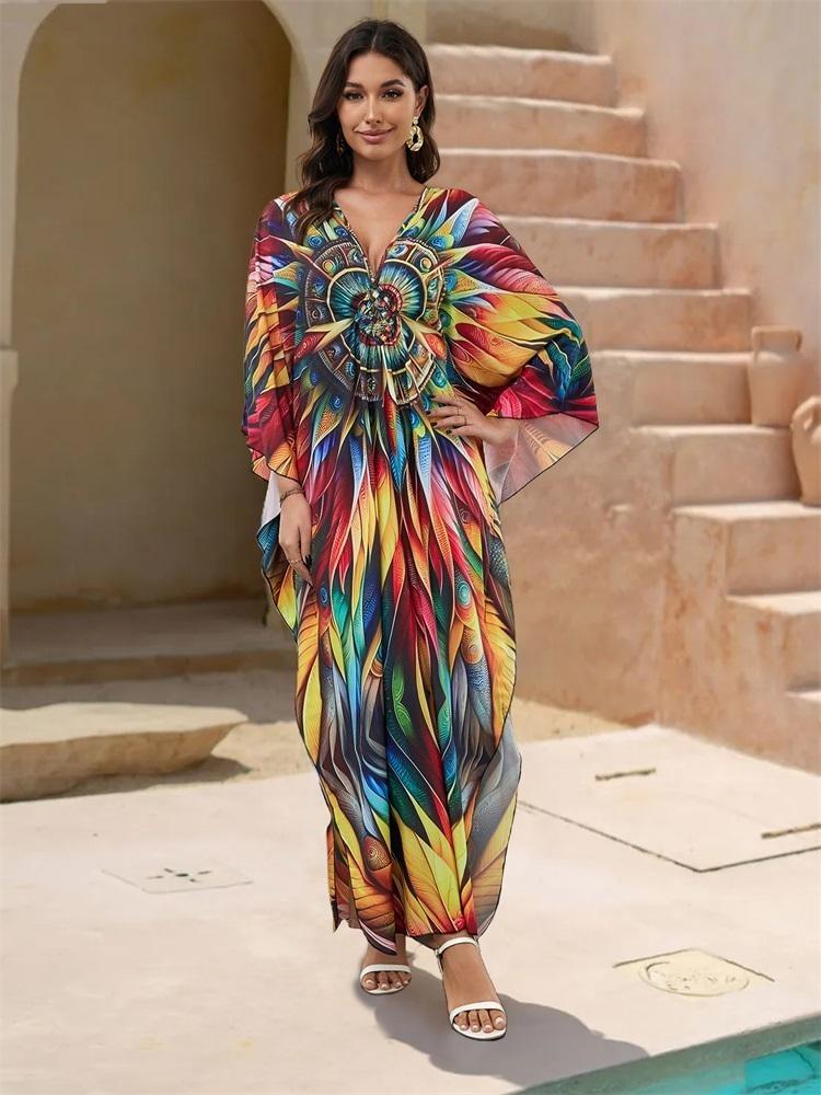 Summer Vintage Boho Women Plus Size Kaftan Sexy Beach Coverups Colorful Printed V Neck Batwing Sleeve