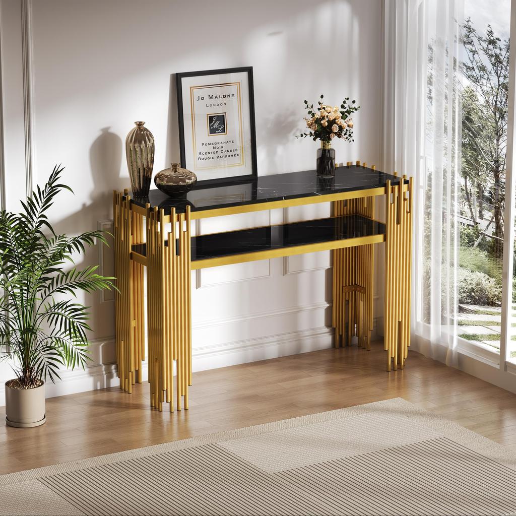 Console Table Two-tier Open Shelves, Small Narrow Sofa Table Living Room, Entrance, Hallway, Stable Metal Frame, 124cm, Black & Gold