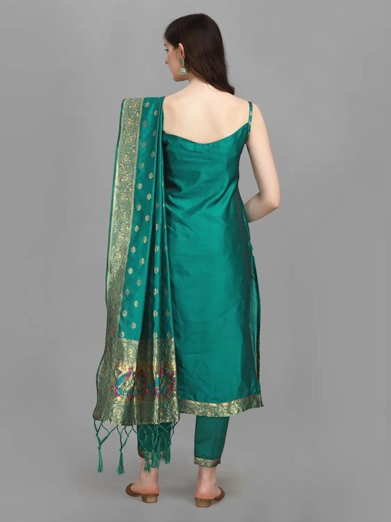 Women Designer Party Wear Sleeveless Cotton Silk Kurta Pant Dupatta Set