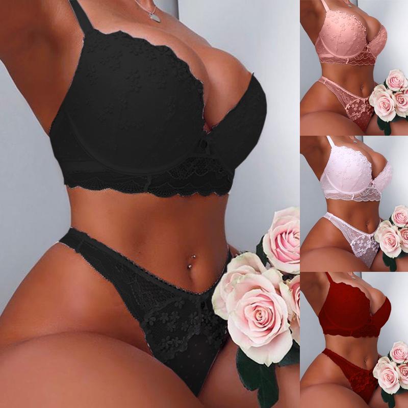 

Новые женщины кружева Push Up бюстгальтер и низкий Waist трусики устанавливает сексуальный комплект нижнего белья Дамы цветочные кружева нижнее белье Установить Sleepwear Plus размер
