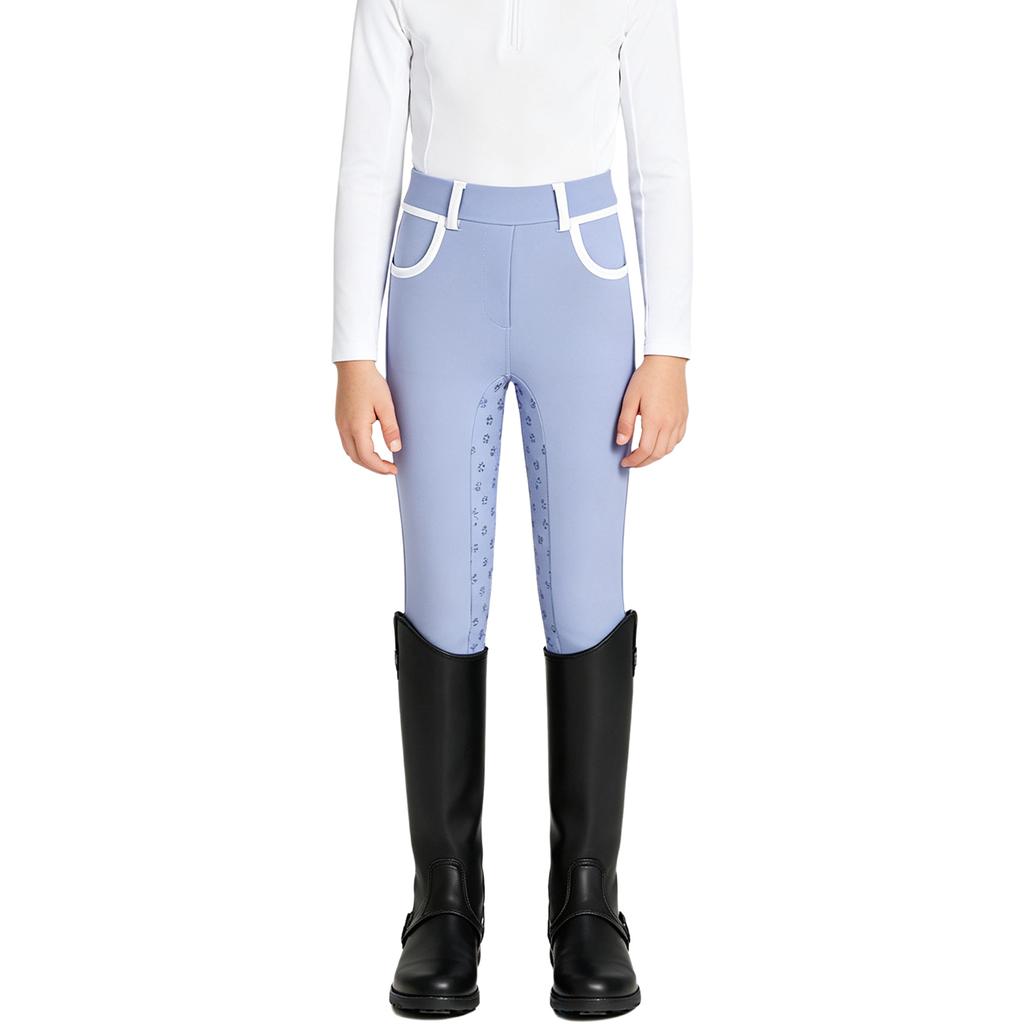 Pantaloni da equitazione antiscivolo a seduta intera per bambine e ragazze, con finiture a contrasto, leggings equestri con tasche e passante per cintura per allenamento e competizione