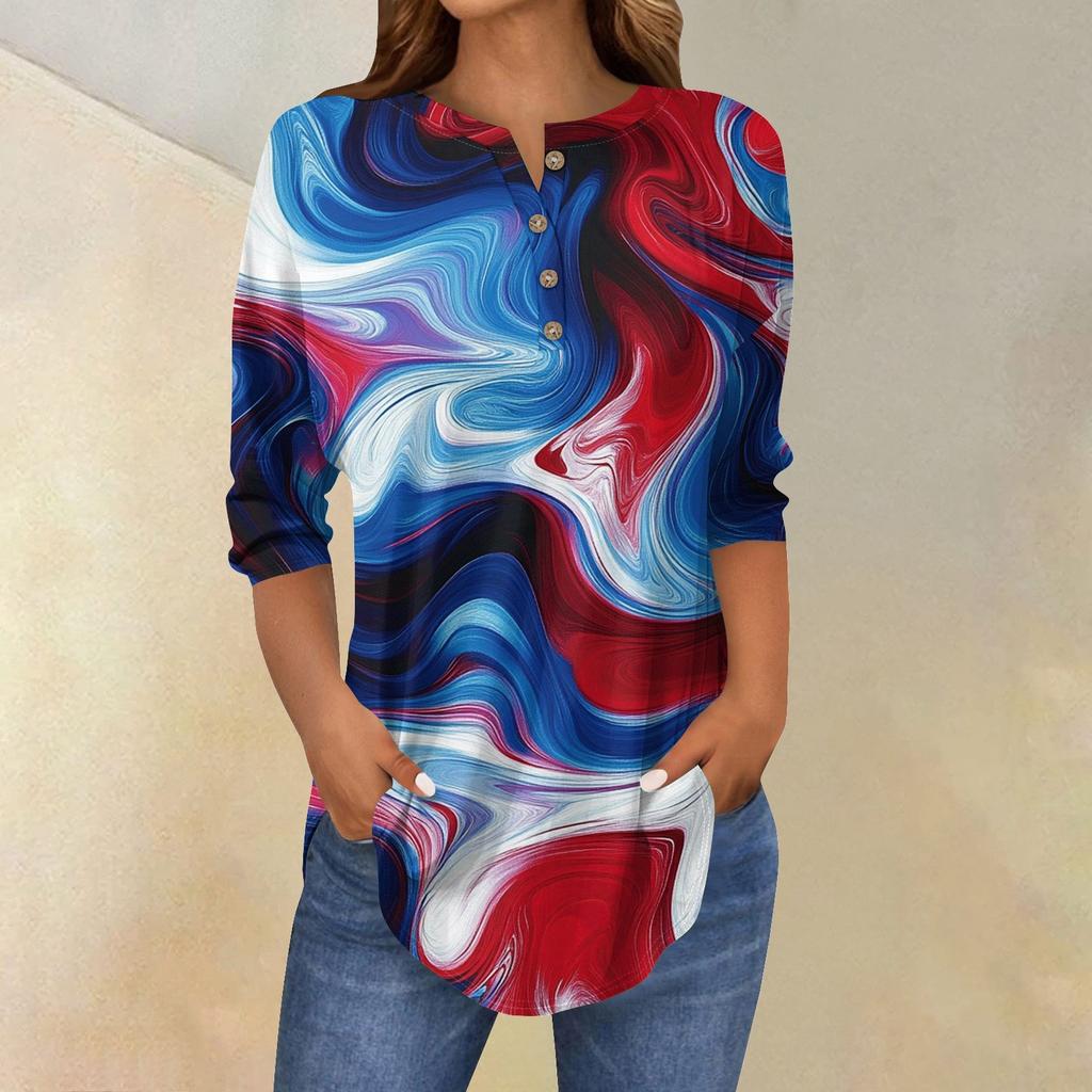 Tee Shirts For Women Fall Casual 3/4 Long Sleeve Button Shirts Sweatshirt Vintage Top Pullover