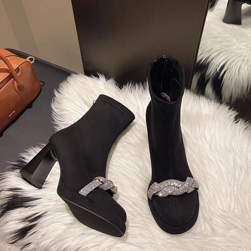 

Высокие каблуки хрустальные женские ботильоны замшевые сексуальные туфли Chuky женские 2025 тренд элегантные ботинки челси туфли-лодочки новые зимние женские ботинки 39 чёрный