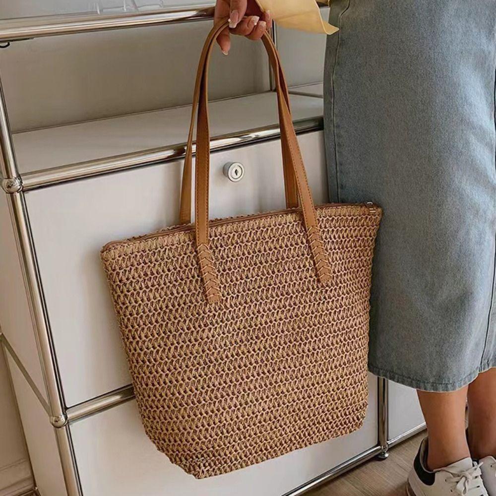 Zipper Beach Bag Bohemian Style Raffia Shoulder Bag Simple Weave Straw Tote Bag  Shopping