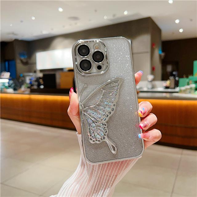 For iPhone 16E 15 Pro Max Fashion Glitter Butterfly Luxury Plating Frame Phone Case For iPhone 11 12 13 14 Plus Protective Cover