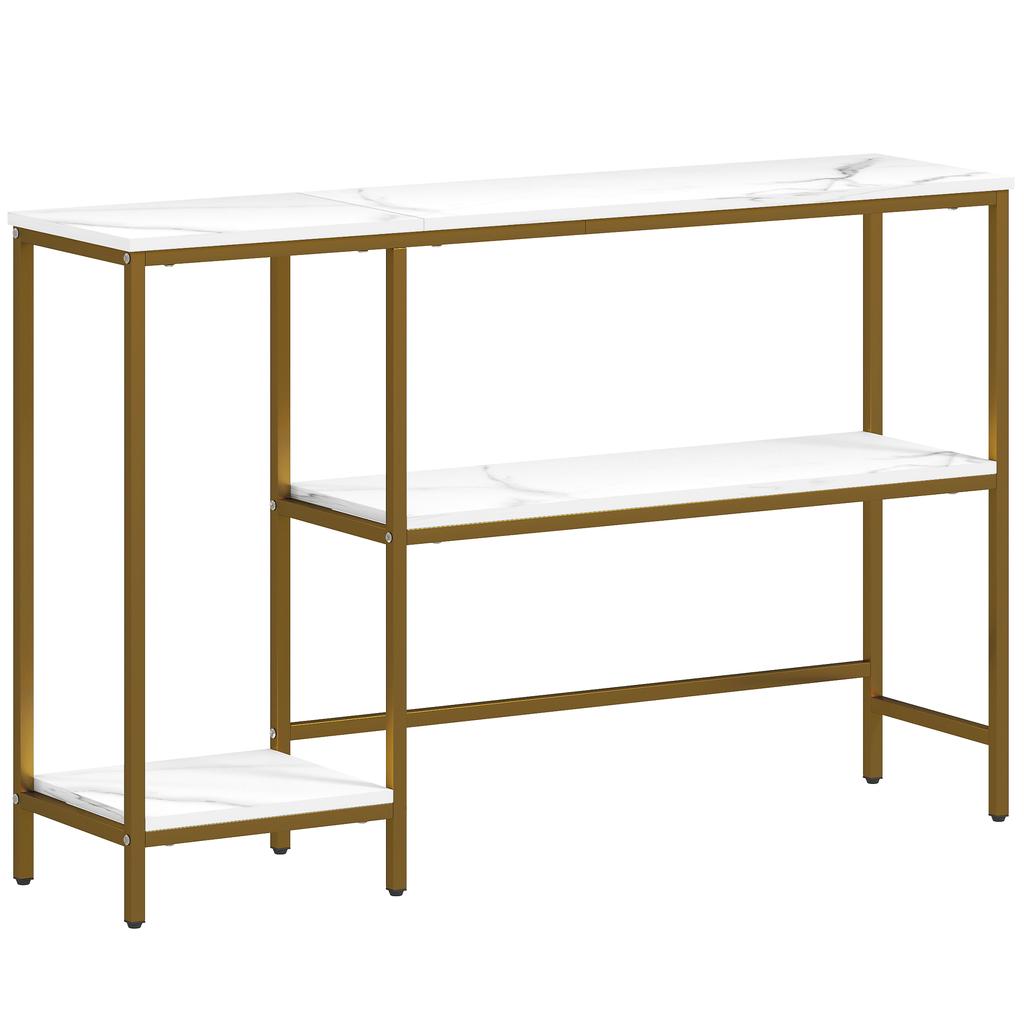 Mesa de Console de Três Níveis com Prateleiras de Armazenamento e Tampo com Efeito Mármore, 120 cm, Branco e Dourado