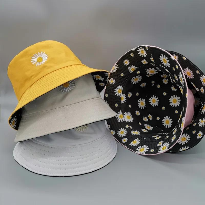 Summer Fashion Fresh Double-faced Daisy Embroidery Bucket Hat Unisex Fashion Cotton
