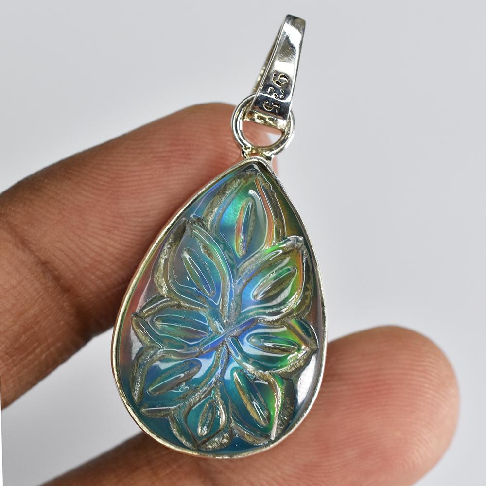 Natural Ammolite 23 ct 925 Sterling Silver Pear Pendant Gemstone Jewelry Gift