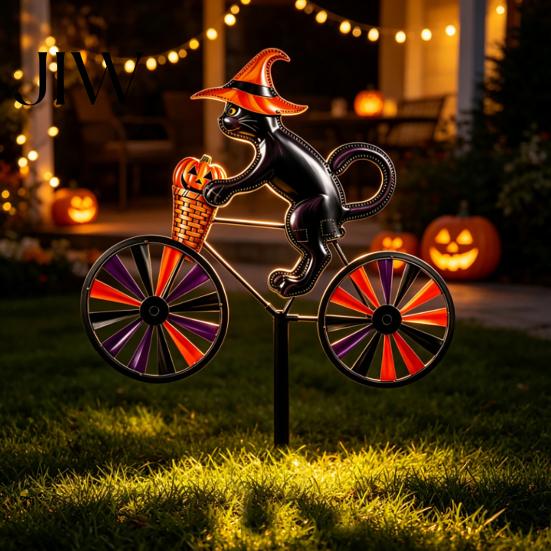 Portable Garden Art Halloween Wizard/Ghost/Black Cat/Skeleton Bicycle Ground Stake Ornament, Metal Stakes, Yard Sculptures Decorative