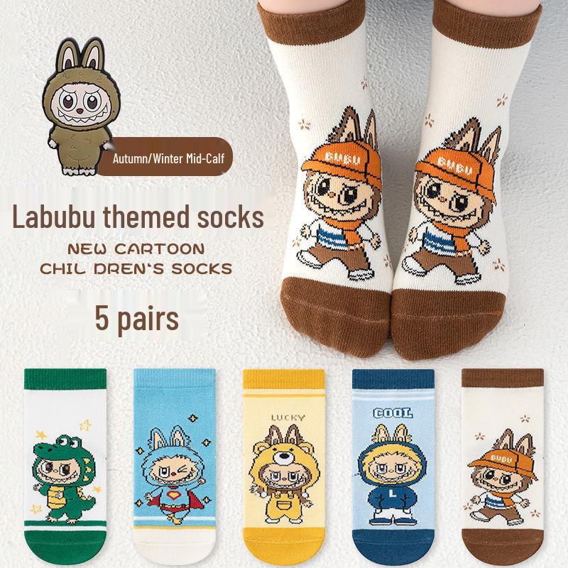 

Labubu Kids Mid-Calf Cartoon Cotton Socks for Boys - Spring to Winter Collection 9-12, foot length 19-22CM