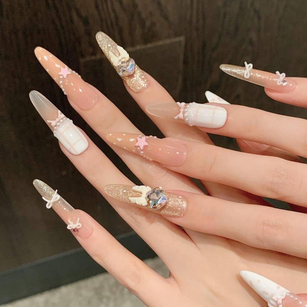 Sweetheart Bow Handmade French Manicure Plaid Cat Eye Nails - High-End Whitening New Style